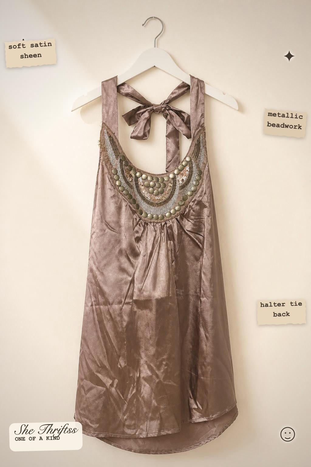 Beaded satin halter top