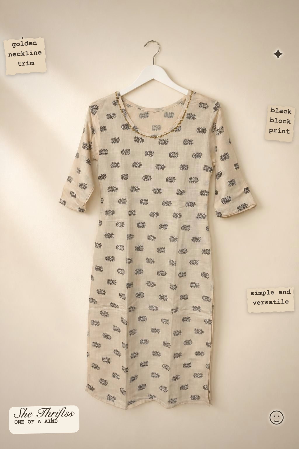 Beige block print kurta