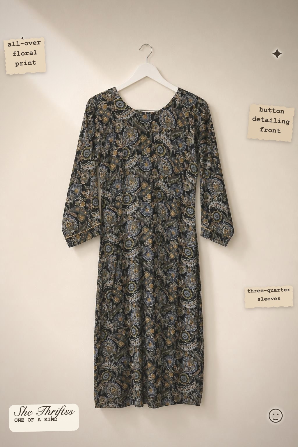 Black floral button kurta