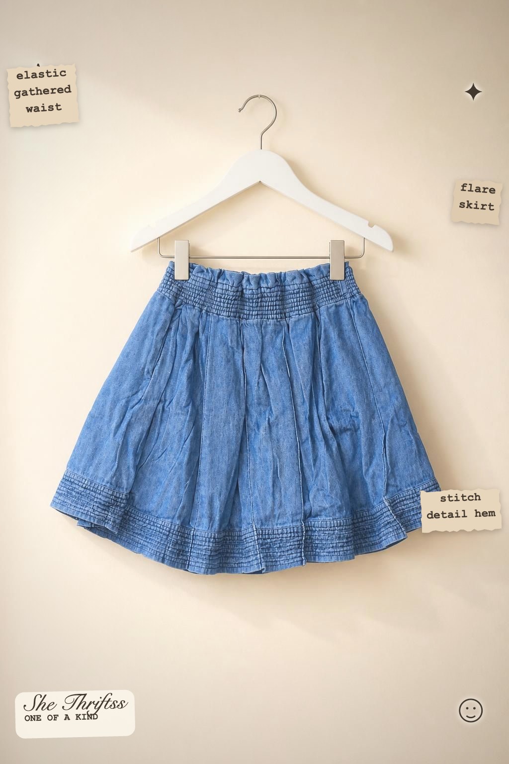 Blue denim gathered skirt