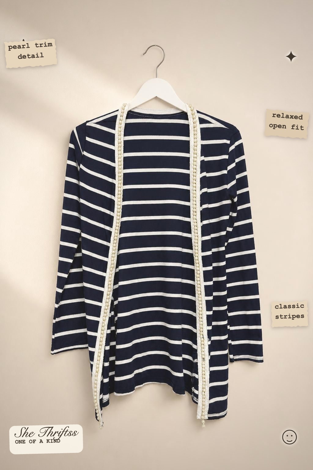 Pearl trim striped cardigan