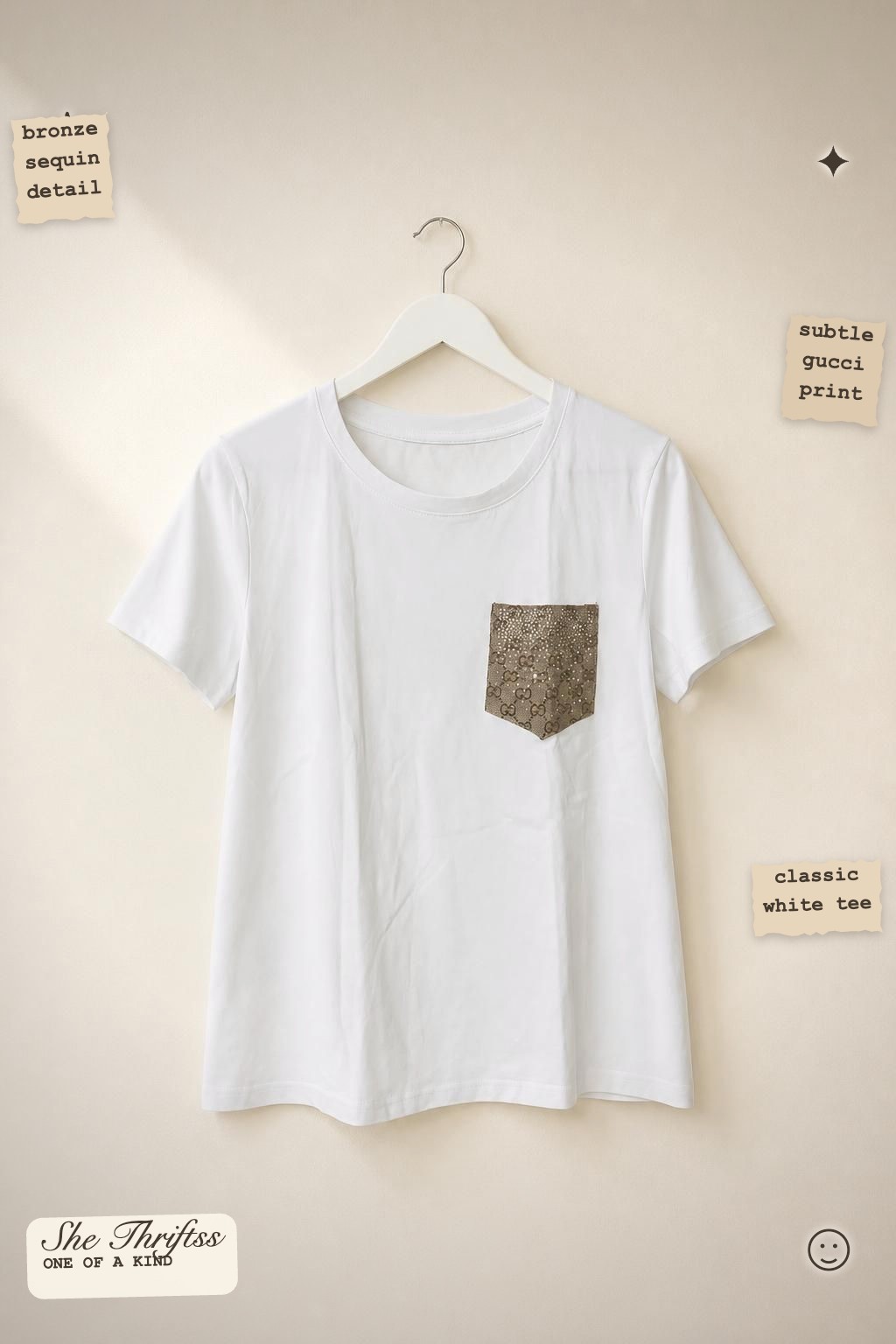 White tee GUCCI Dupe with sequin pocket